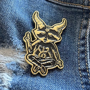 Eat Trash Hail Satan | Gold Enamel Pin | Funny Dark Humor Pin | Raccoon Baphomet Pin