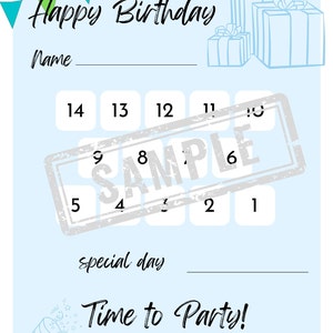 Printable birthday countdown calendar. Birthday countdown card Gifts countdown printable. Instant download. Birthday invitation. Party Time