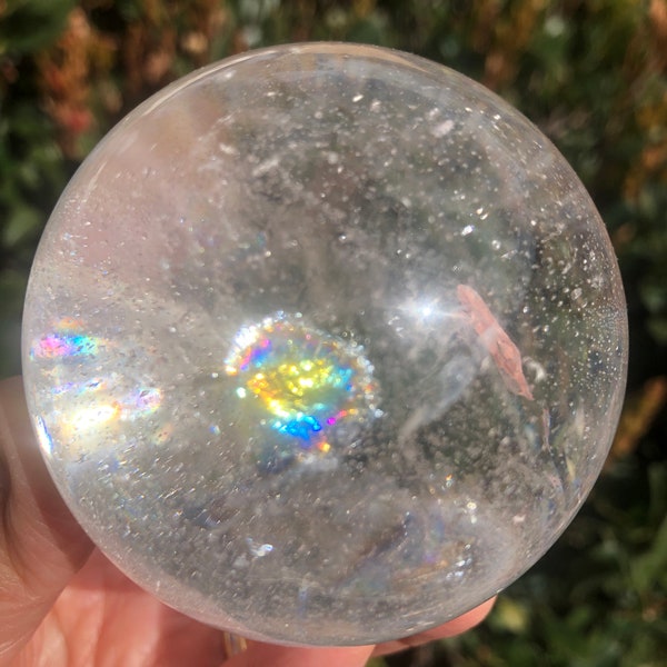 Big Sparkling Clear Crystal Quartz Sphere With Rainbows 420 gram 67mm