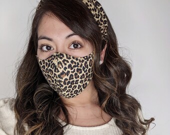 Leopard Print Cotton Face Mask with Matching Buttoned Headband and Matching Scrunchie | | Over-ear face mask buttoned headband