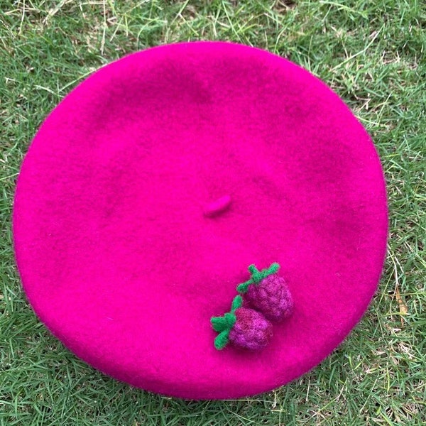 Raspberry Beret, Cute beret, French Beret, Handmade Beret, Gift For Her , Wool Felt Beret, Party Hat, Fruit Beret, Pink Beret, Kawaii Beret