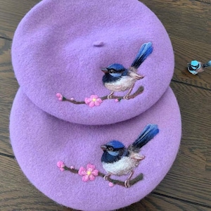 Blue wren ,Bird beret,Beret Hat, Cute beret, French and Lolita style, Handmade 100% wool felt designs