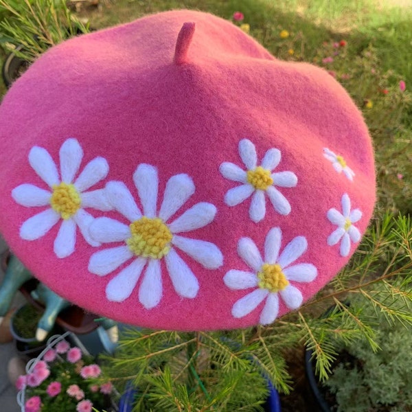 Daisy beret,Cute beret , Daisy flower Hat,Handmade beret,Needle felt,Pink beret,French beret