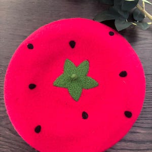Strawberry Beret, Cute beret, French Beret, Handmade Beret, Gift For Her , Wool Felt Beret, Party Hat, Fruit Beret, Pink Beret, Green Beret