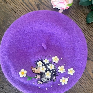 Hedgehog beret,Daisy beret,Cute beret, French Beret, Handmade Beret, Gift For Her , Wool Felt Beret, Party Hat, Fruit Beret, Pink Beret, Kaw