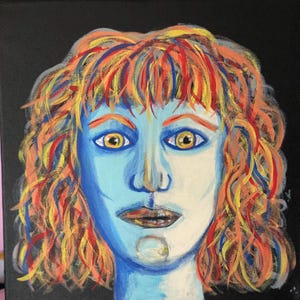 May include: A painting of a person with blue skin and yellow eyes. The person has curly red, orange, and yellow hair. The background is black.
