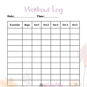 Pode incluir: Um log de treino imprimível com um design floral. O log inclui seções para data, hora, exercício, repetições e cinco séries. Também há uma seção de notas na parte inferior.