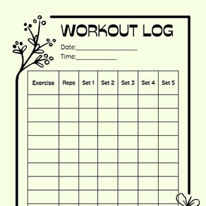 Pode incluir: Um diário de treino preto e branco com um design floral. O diário inclui seções para data, hora, exercício, repetições e séries. Existem cinco colunas para séries e uma seção de notas na parte inferior.