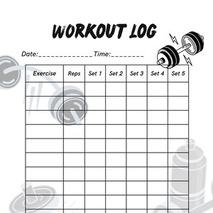 Pode incluir: Um diário de treino preto e branco com um gráfico de halteres. O diário tem seções para data, hora, exercício, repetições e séries. Existem cinco colunas para séries e uma seção de notas na parte inferior.
