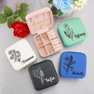 Custodia da viaggio per gioielli personalizzata, scatola per gioielli con nome personalizzato, custodia da viaggio per gioielli con fiori di nascita, regalo di compleanno per matrimonio