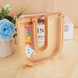 Alcancía con nombre personalizado, alcancía con inicial personalizada, alcancía de madera con letras, caja de dinero, regalo para niño, regalo para bebé, regalo para bebé