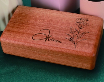 Individuell gravierte Schmuckschatulle aus Holz – Personalisierte Erinnerung mit Namen und Geburtsblume, Reiseetui für Damen, Valentinstagsgeschenk für sie, Logo verwenden