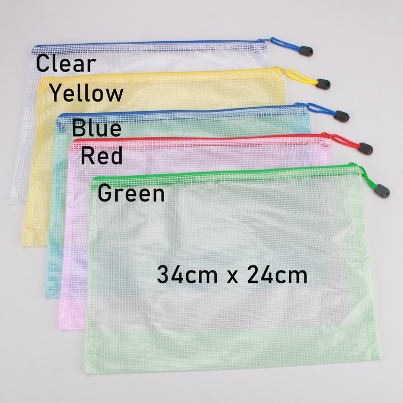 May include: Five clear, zippered document pouches in clear, yellow, blue, red, and green. Each pouch has a colored zipper and pull. The green pouch has the dimensions 34cm x 24cm, which is approximately 13.4 inches x 9.4 inches.