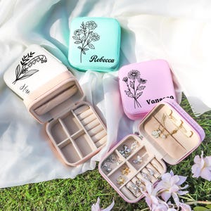 Personalized Jewelry Travel Case, Custom Name Jewelry Box, Birth Flower Jewelry Travel Case, Wedding Birthday Gift,Gift for Her,Can use Logo