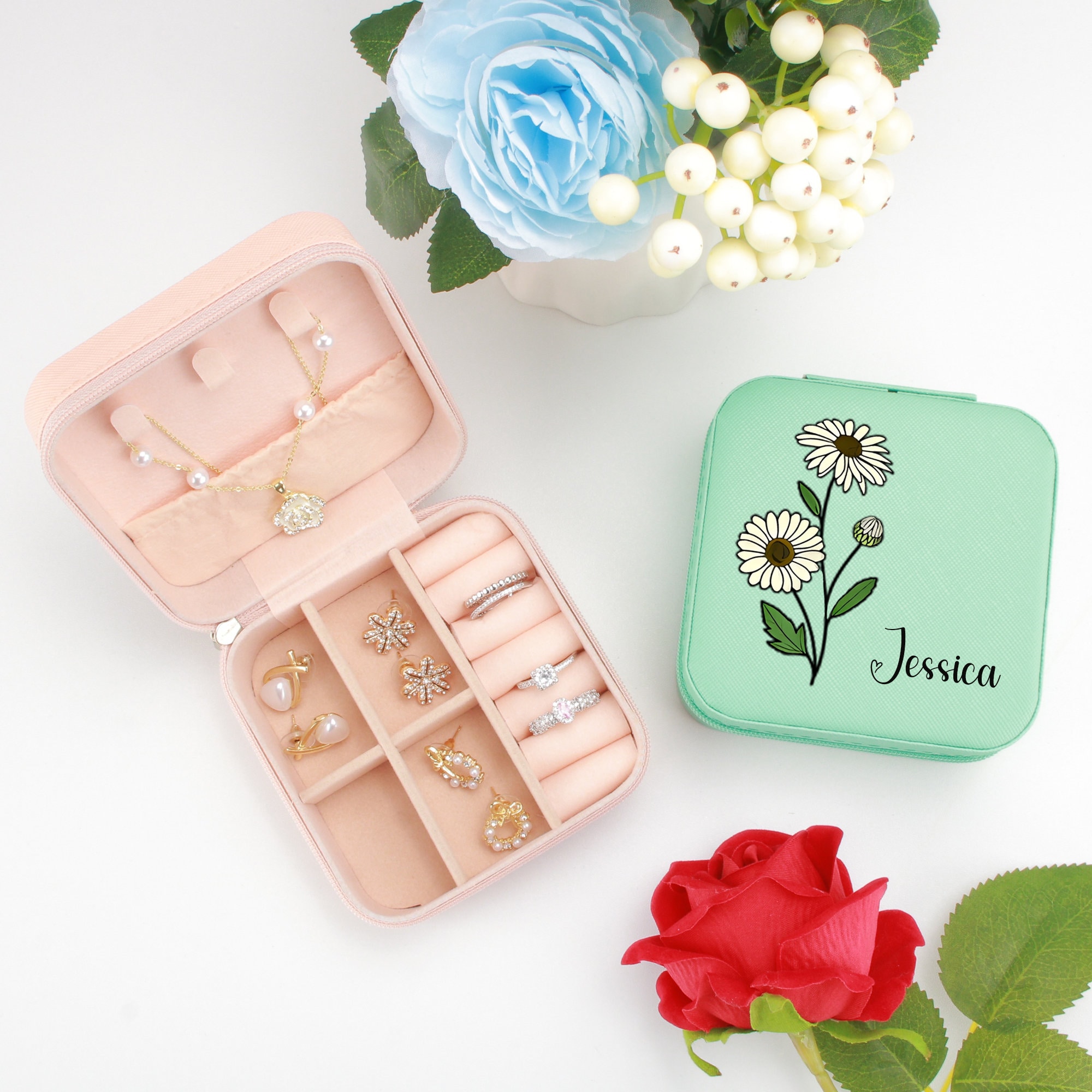 Birth Flower Jewelry Case, Personalized Jewelry Box, Engraved Jewelry Travel Case, Bridal Party Gift, Bridesmaid Proposal Gift