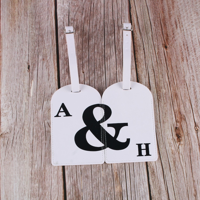 Personalized Vegan Leather Luggage Tag Set, His & Hers Honeymoon Gift