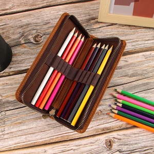 Astuccio portapenne in pelle personalizzato, personalizzazione con incisione laser, può contenere 9 penne, regalo per ufficio, cerniera dorata retrò, cachi, marrone, nero, penna
