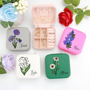 Geburtsblume Schmuckschatulle, personalisierte Schmuckschatulle, Schmuck Reiseetui, Brautparty Geschenk, Brautjungfer Vorschlag Geschenk