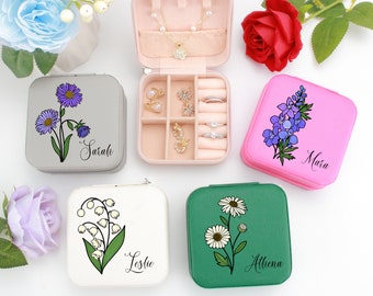 Portagioie personalizzato con fiori di nascita, portagioie da viaggio inciso