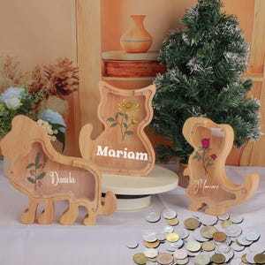 Alcancía de animales personalizada de madera, alcancía de conejo/dinosaurio/león con nombre grabado, decoración de jardín de infantes, regalo de cumpleaños, economía planificada