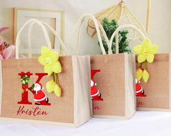 Personalized Burlap Christmas Gift Bag, Xmas Party Tote