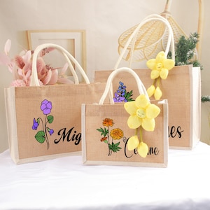 Bolsa de flores de nacimiento personalizada Lindo bolso de playa de arpillera personalizado Bolso de yute del jardín de la abuela con nombre Regalos de fiesta de flores de cumpleaños para ella