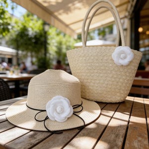 Handmade Camellia Flower Bag & Hat Set, Elegant Straw Tote Bag, Women’s Sun Hat, Floral Summer Accessories, Unique Gift for Her