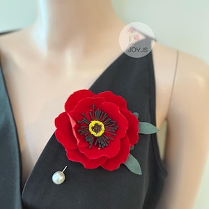 Red Poppy Flower Brooch, Velvet Red Poppy, Elegant Flower Brooch, flower brooch for suit, flower for bag hat, unique gift, Red Poppy Gifts