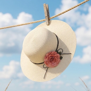 May include: A light beige straw hat with a flat crown and wide brim, featuring a thin black ribbon band and a large, layered dusty rose-coloured fabric flower accent attached to the side, secured by a wooden clothespin on a rope.