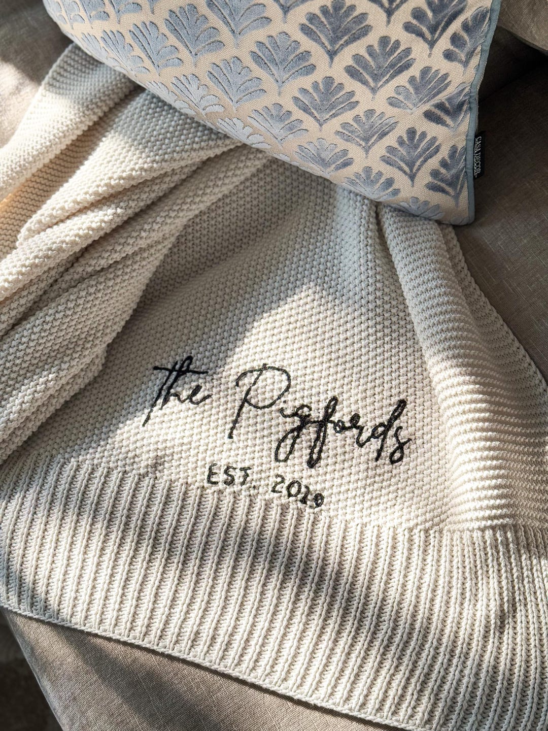 Personalized Name Knit Throw Blanket, Hand Embroidered, Custom name, housewarming gift, MIL gift, wedding gift