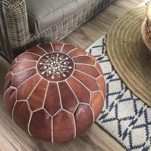 Moroccan leather pouf, Moroccan Ottoman pouf, moroccan pouffe brown, Moroccan vintage, leather pouf Darker