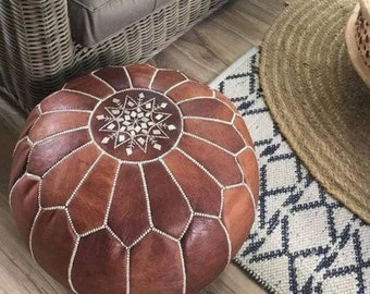 Pouf marocain en cuir, pouf ottoman marocain, pouf marocain marron, vintage marocain, pouf en cuir plus foncé