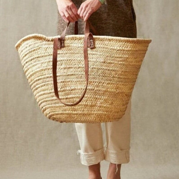 60% Off STRAW BAG Handmade with leather, French Market Basket, french market bag, Straw basket, french basket, grocery market bag