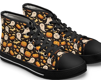 Halloween High Top Sneakers: Pumpkin, Witch & Cat Print