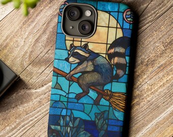Raccoon Witch Phone Case: Stained Glass Art, Protective TPU Cover