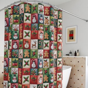 Christmas Patchwork Pattern Shower Curtain , Holiday Snowman Gingerbread Holly