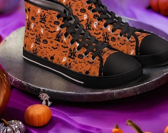 Halloween High Top Sneakers, Spooky Orange Canvas Shoes