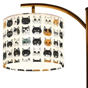 Black Metal Arch Floor Lamp with Cat Print Linen Shade,Stepless Dimming LED Light for Cozy Home Decor, Modern Design for Living Room Bedroom