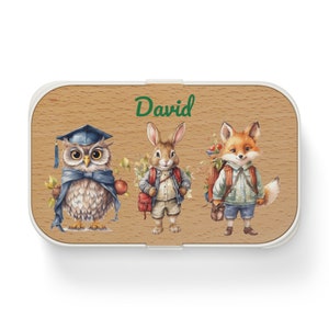 Personalized Animal Bento Lunch Box: Kids Lunchbox with Wooden Lid