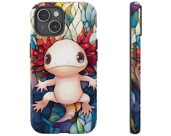 Peut inclure: Une coque de téléphone avec un motif de vitrail coloré représentant un axolotl aux branchies rouges. L'axolotl est blanc avec des yeux noirs et est entouré de feuilles bleues, vertes et jaunes.