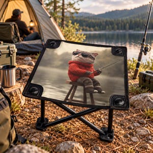 May include: A portable folding stool with a black metal frame and a square fabric seat. The seat features a graphic print of a cat wearing sunglasses and a red sweater, sitting on a wooden stool while holding a fishing rod by a lake.