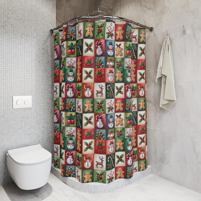 Christmas Patchwork Pattern Shower Curtain , Holiday Snowman Gingerbread Holly image 5