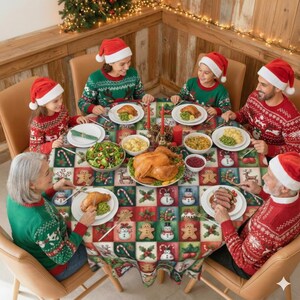May include: A family gathered around a Christmas dinner table. The table is set with a festive tablecloth featuring gingerbread men, candy canes, and snowmen. Family members wear matching Christmas sweaters and Santa hats. A roasted turkey is the centerpiece.