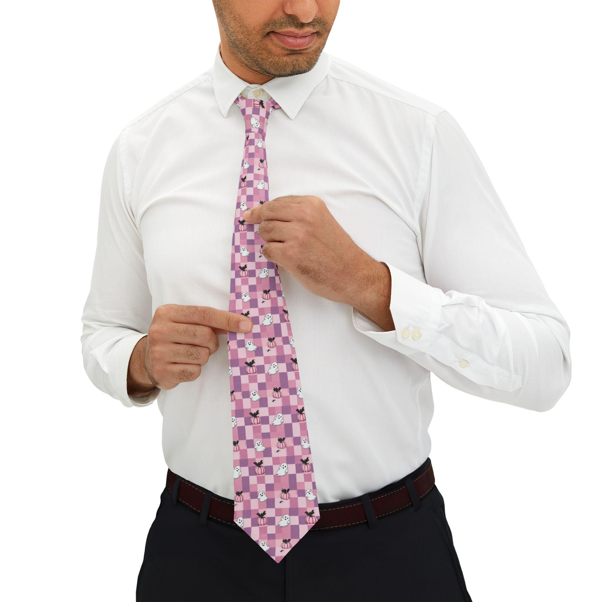 Pink Halloween Necktie, Ghost Checkered Pattern, Polyester Satin