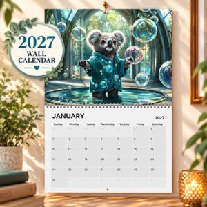 Peut inclure: Un calendrier mural 2027 illustré d'un koala portant une robe bleu sarcelle, debout dans un bassin d'eau entouré de bulles flottantes. La page affiche le mois de janvier 2027 avec une grille de jours et de dates. Le texte 2027 WALL CALENDAR est présent.
