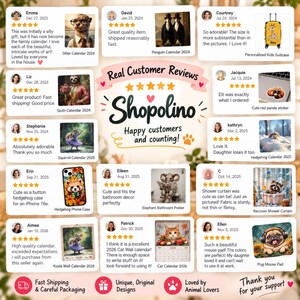 Peut inclure: Un collage d'avis clients pour Shopolino pr&eacute;sentant divers produits sur le th&egrave;me des animaux, notamment des calendriers, une valise, une coque de t&eacute;l&eacute;phone, un rideau de douche, une affiche et un tapis de souris, avec du texte et des &eacute;toiles.