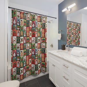 Christmas Patchwork Pattern Shower Curtain , Holiday Snowman Gingerbread Holly image 4