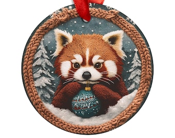 Red Panda Christmas Ornament, Knitted Digital Design, Holiday Decor