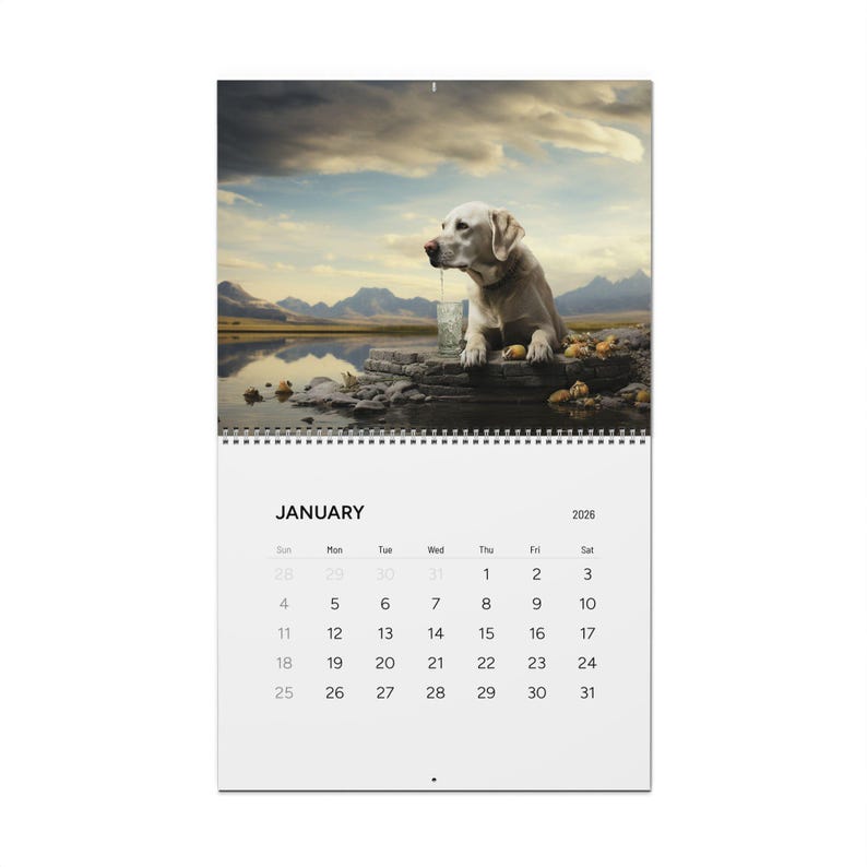 Peut inclure: Un calendrier mural pour janvier 2026 pr&eacute;sentant une photographie d'un labrador de couleur claire assis sur un rebord en pierre au bord d'un lac avec des montagnes en arri&egrave;re-plan. La grille du calendrier affiche le mois, l'ann&eacute;e et les jours.