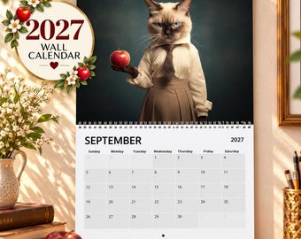 May include: A 2027 wall calendar featuring a Siamese cat dressed in a beige button-down shirt and tie, holding a red apple. The calendar page displays the month of September 2027 with a grid of days, set against a dark background with floral accents.